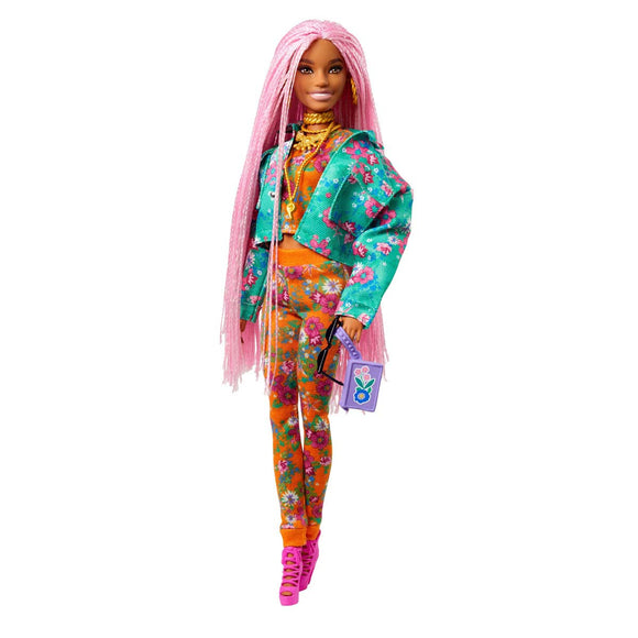 Barbie Extra Muñeca Chaqueta con Estampado Floral y Trenzas Rosas