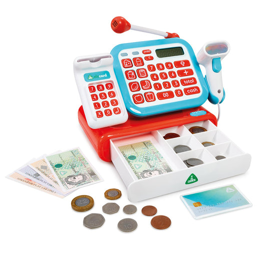 Caja registradora con calculadora real, escáner, micrófono, dinero y